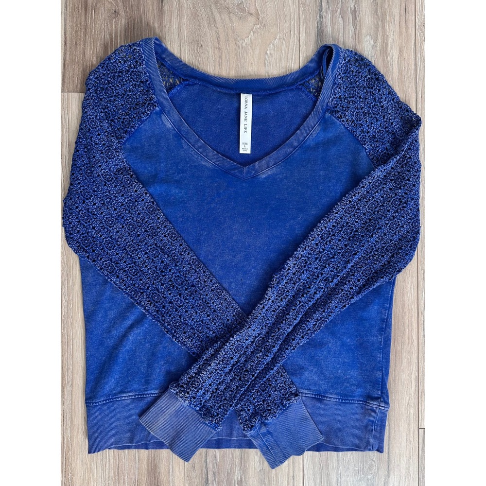 Lorna Jane Acid Wash Crochet Lace Sleeve Sweatshirt‎ LG Fisherman Coastal Sporty